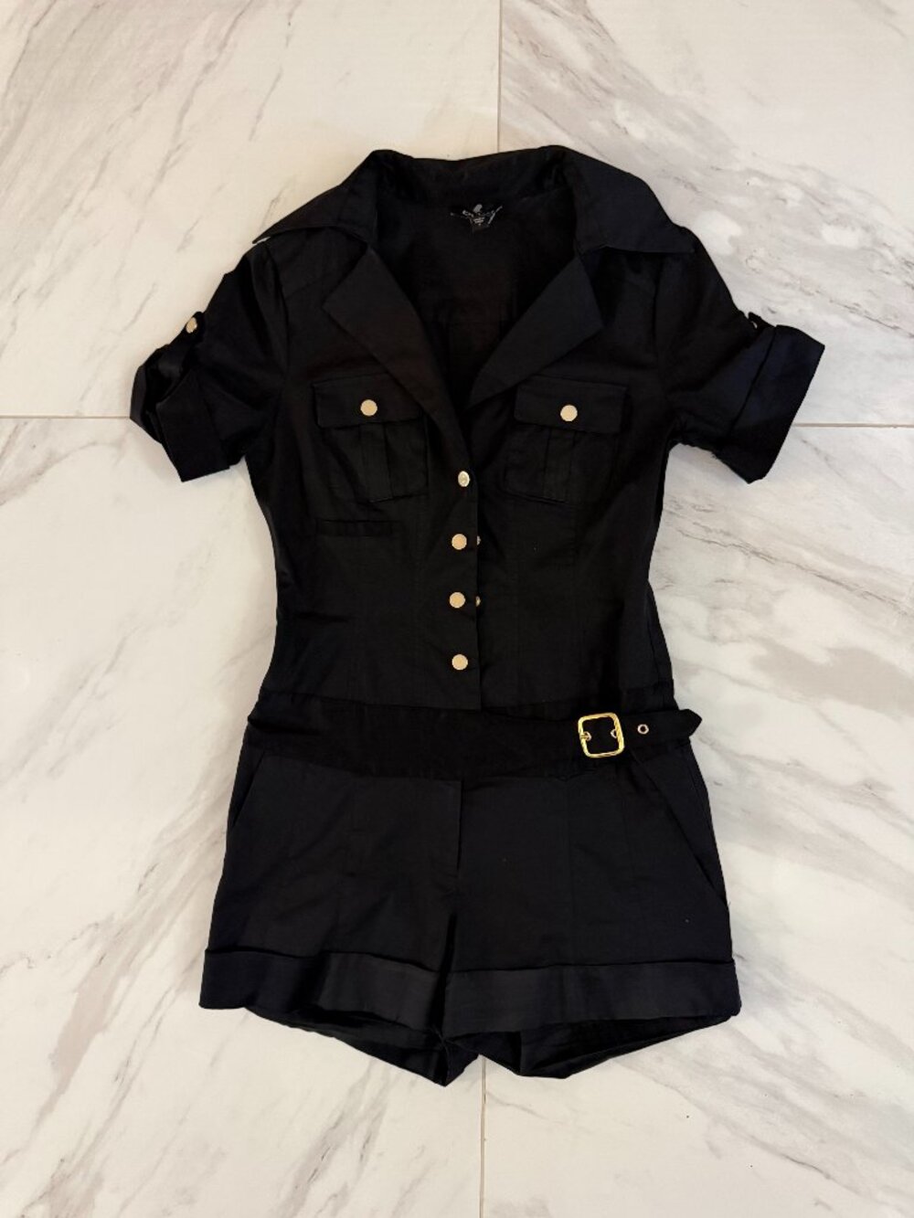 bebe Black Utility Safari Romper Y2K Gold Hardware Belted Shorts Size S